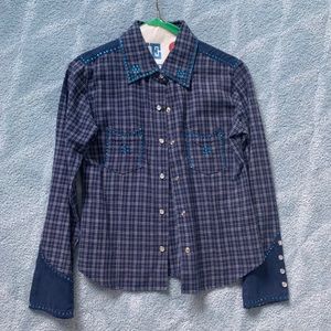 Navy plaid ls western shirt w rhinestones